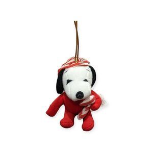 Applause 3" Snoopy in Red Pajamas With Candy Cane Plush Christmas Ornament H